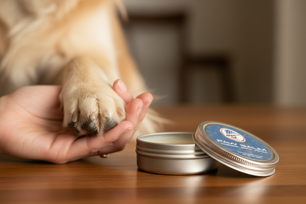 Paw Balm 45-degree angle holding dog paw lifestyle shot